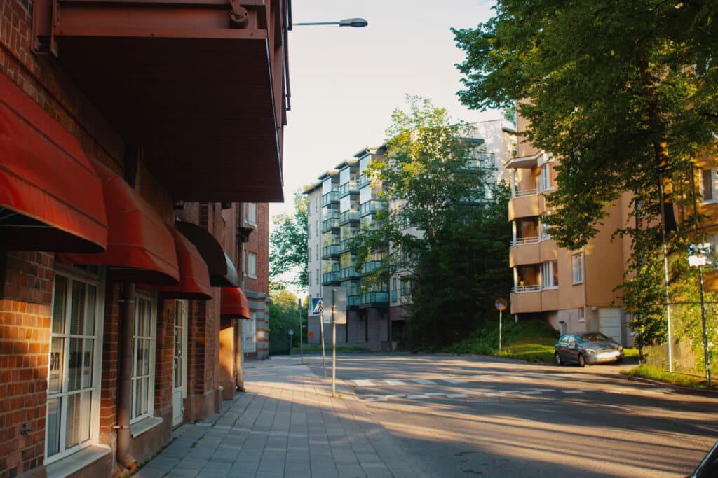 Street in the Finnish city of Turku with a large granite stone b